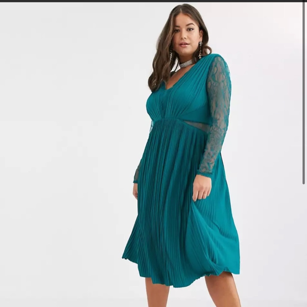 Teal Lace-Sleeve Pleated Midi Dress - Women